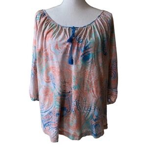 LAUREN RALPH LAUREN WOMENS CORAL AND BLUE PULLOVER 3/4 SLEEVE BLOUSE SIZE XL